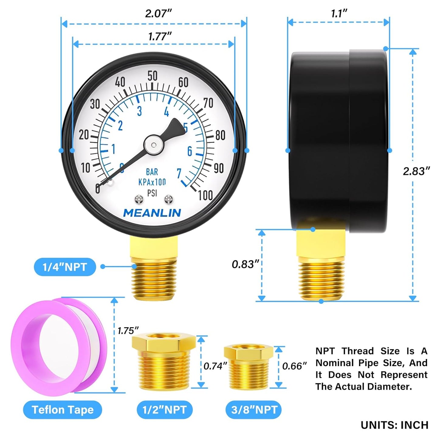 MEANLIN MEASURE 0-100Psi 2" DIAL FACE 1/4" NPT Well Pump Pressure Gauge, with 1/2" NPT and 3/8" NPT Hex Bushing, 3-2-3% Accuracy, Lower Mount