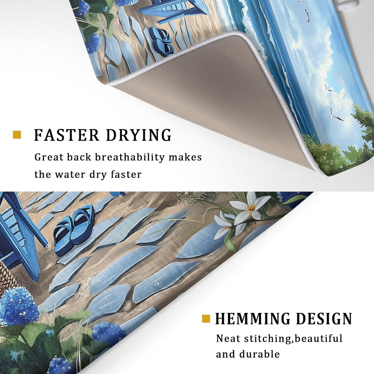 Summer Beach Chairs Dish Drying Mat Sea Wave Blue Floral Drying Mat fo Kitchen Counter 16”x18” Absorbent Reversible Kitchen