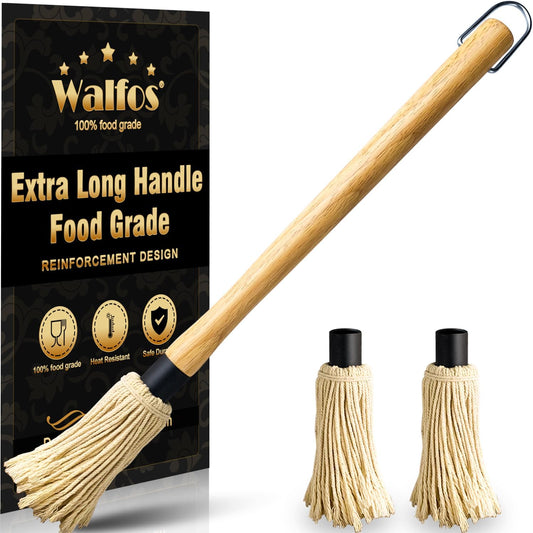 Walfos BBQ Mop Brushes for Sauce, Grilling Basting Mop Wooden Long Handle with 3 Heads, for Grilling, Barbecue, Smoking