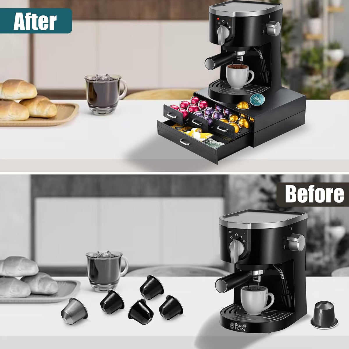 K Cup Holder Drawer 66/88 Pods Capacity, Four Drawers Design for Nespresso Pods Holder, Coffee Pod Holder Compatible With Keurig Pod Organizer&amp;Nespresso/K-Cup/Vertuo Pod Holder, Black