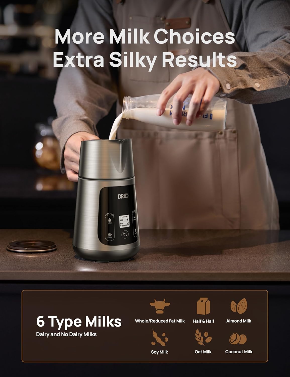 Dreo All-in-1 BaristaMaker Milk Frother, Electric Foam Frother for Latte Art Microfoam and Coffee, 15oz/450ml Automatic Milk Warmer with 30 Drinks, Dishwasher Safe, Dairy/Plant-Based Milk