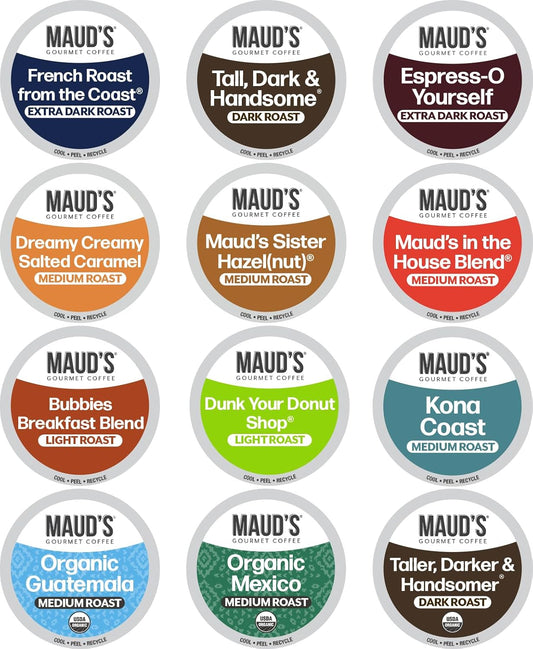 Maud's Family Pack Coffee Pods Variety Pack, 136 ct, 12 Assorted Flavors, Medium Roast Recyclable Single Serve Pods – 100%