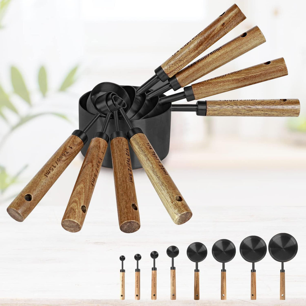 Collection 8 Piece Black Measuring Cups Set and Measuring Spoons, Golden With fragrant wood Handles-Complete Set of Measure Cups and Spoons For Cooking and Baking.