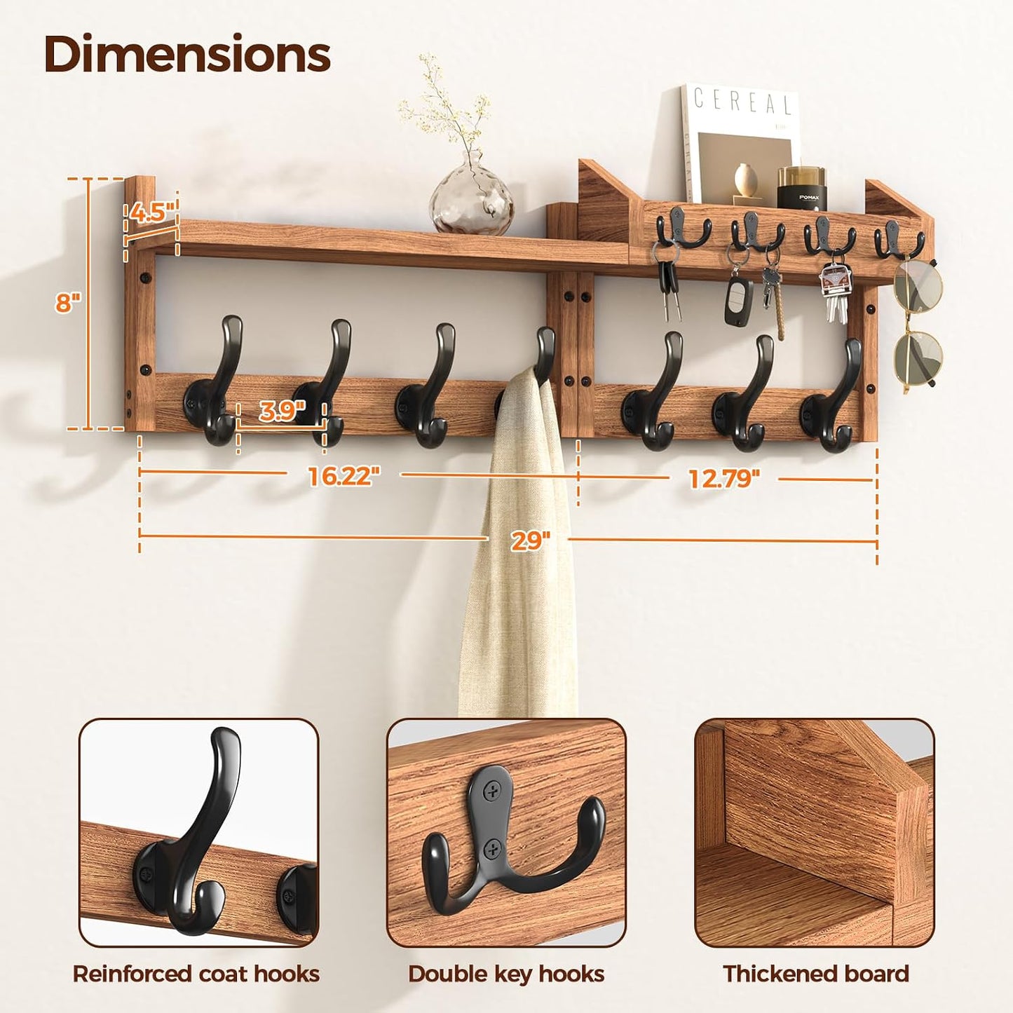 Evermagin 29" Coat Rack Wall Mount with Shelf &amp; 11 Hooks, Entryway, Brown