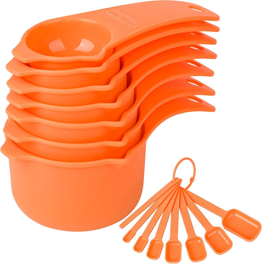 Orange Measuring Cups and Spoons Set 15, 7 Plastic Measuring Cup Set, 7 Spice Long Handle Measuring Spoons with 1 Leveler