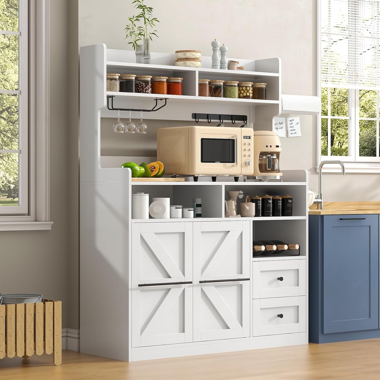 VVFLU Hutch Storage Buffet Cabinet with Drawers, and Charging Station, Coffee Bar Cabinet with Barn Doors, Wine Rack and Hooks, White Wood Sideboard Buffet for Kitchen, Dining Room, 54.5" High