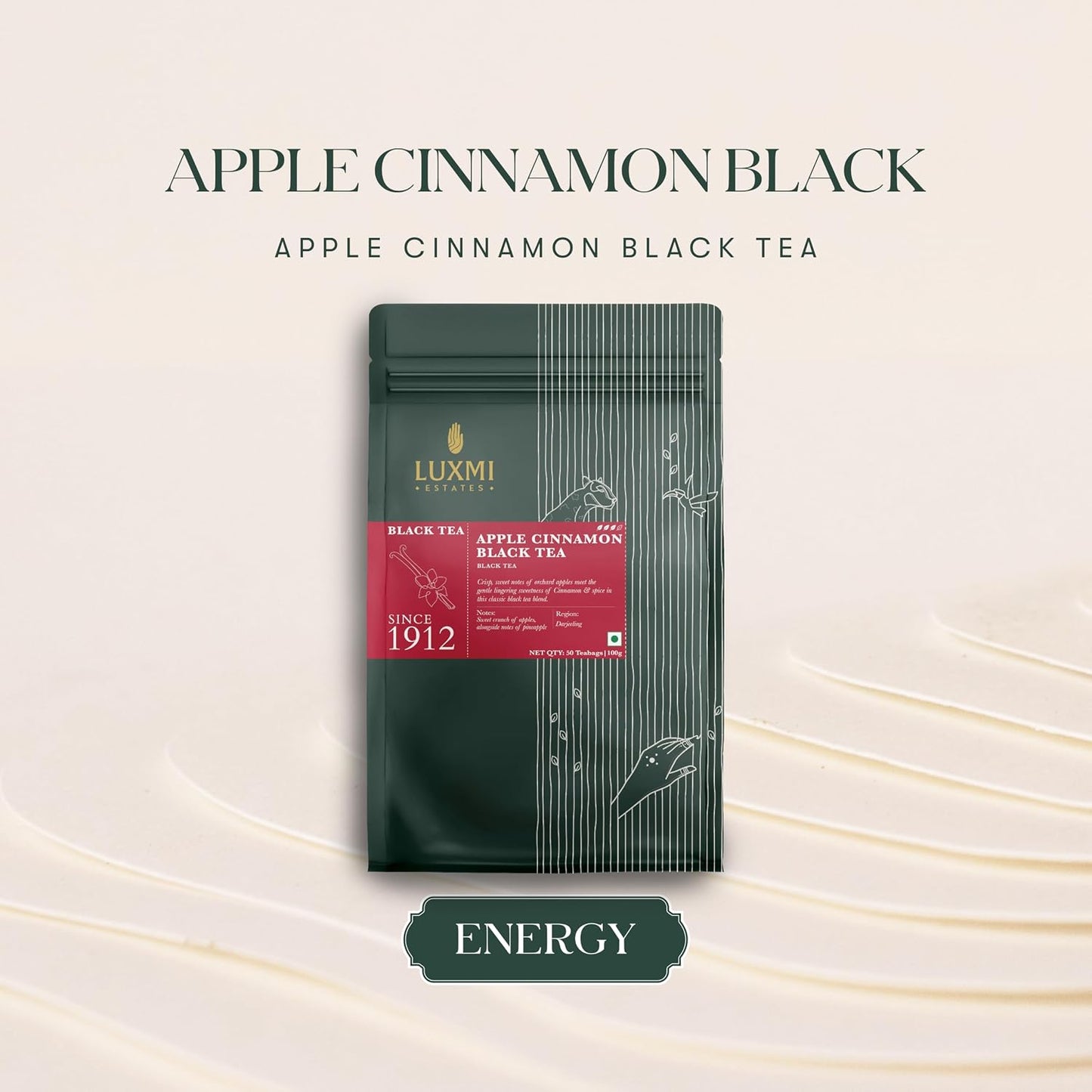 Luxmi Estates Apple Cinnamon Black Tea 50 Tea Bags (100g/3.52oz) Pack | USDA Certified Premium Black Tea | 50 Biodegradable Tea Bags
