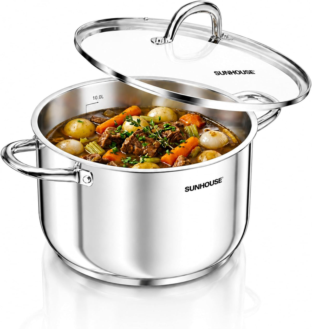 Sunhouse Stainless Steel Stock Pot - 11 Quart Heavy-Duty Induction Cooking Pot with Visible Lid for Pasta, Soup, Spaghetti - Nonstick Thick-Bottom Deep Stockpot for Canning, Boiling, and Simmering