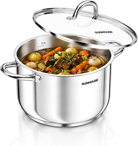 Sunhouse Stainless Steel Stock Pot - 11 Quart Heavy-Duty Induction Cooking Pot with Visible Lid for Pasta, Soup, Spaghetti - Nonstick Thick-Bottom Deep Stockpot for Canning, Boiling, and Simmering