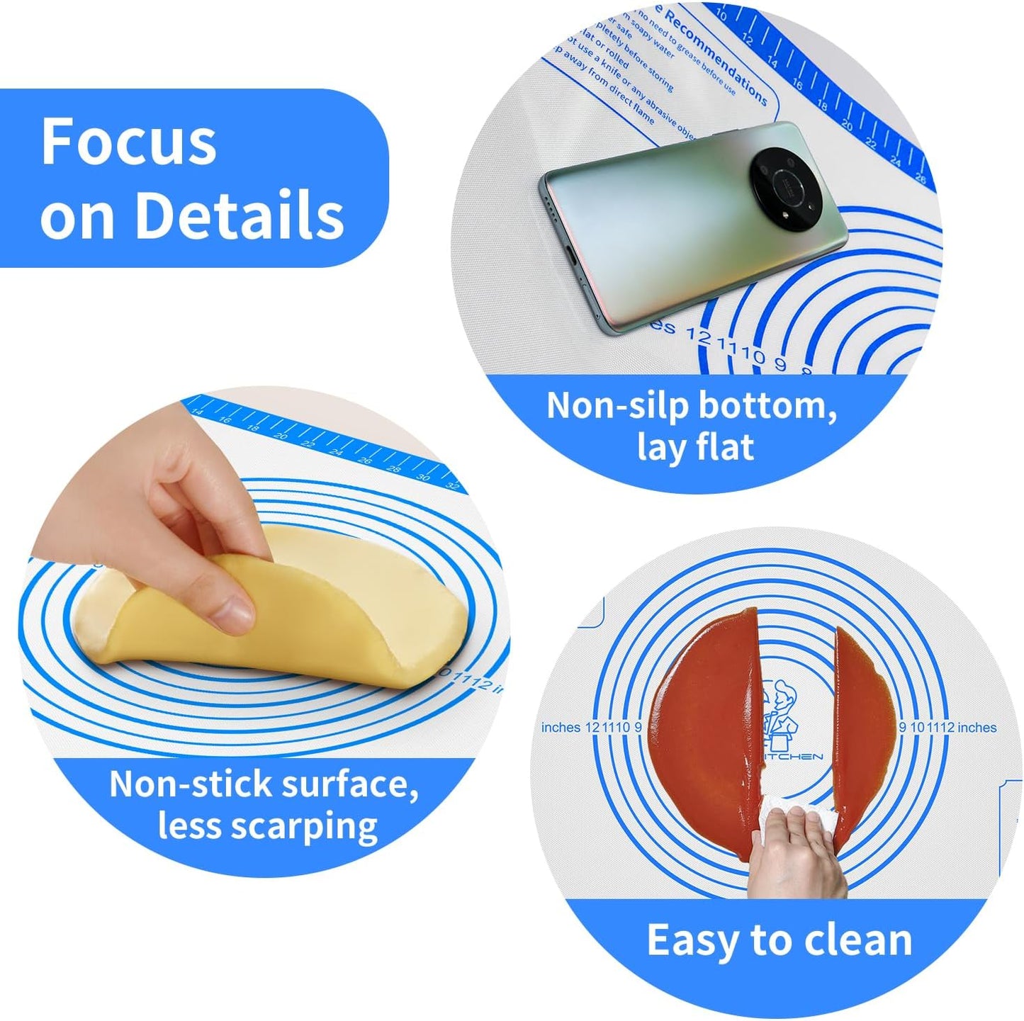 Silicone Pastry Mat for Dough Rolling, Silicone Baking Mat with Measurement for Baking Pie Crust, Pizza &amp; Cookies, Non stick &amp; Non Slip Silicone Mat, Blue 28X20INCH