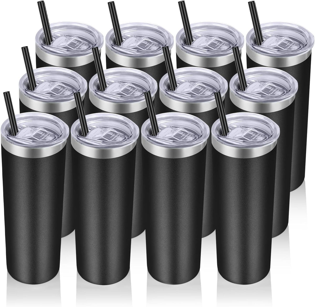 VEGOND Stainless Steel Tumblers Bulk 12 Pack, 20 oz Vacuum Insulated Skinny Tumblers with Lids and Straws, Double Wall Coffee Mug, Travel Water Cup, Black