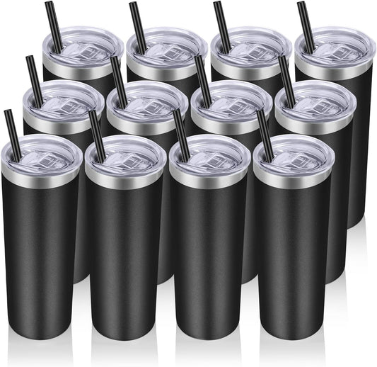 VEGOND Stainless Steel Skinny Tumblers Bulk 12 Pack, 20 oz Vacuum Insulated Tumblers with Lids and Straws, Double Wall