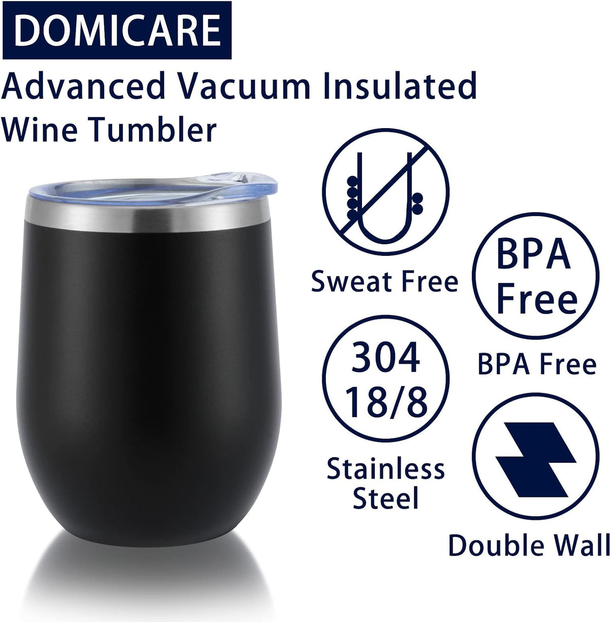 DOMICARE Stainless Steel Wine Tumbler Bulk with Lid, Personalized Insulated Tumblers Set, 12oz Travel Coffee Cups Pack of 4, Black