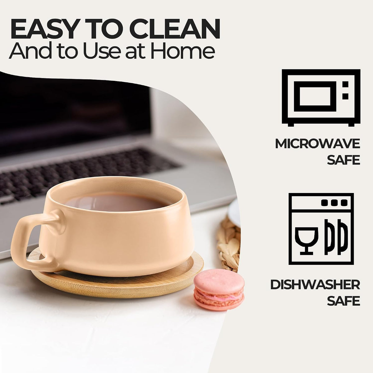 MIAMIO - Cappuccino Cup Set of 4, Ceramic (9.5oz) - Luxe (Beige Pastel) | Ceramic cappuccino cups and saucers, wide latte cups and mugs for Americano, 4-piece set of ceramic cups - dishwasher safe