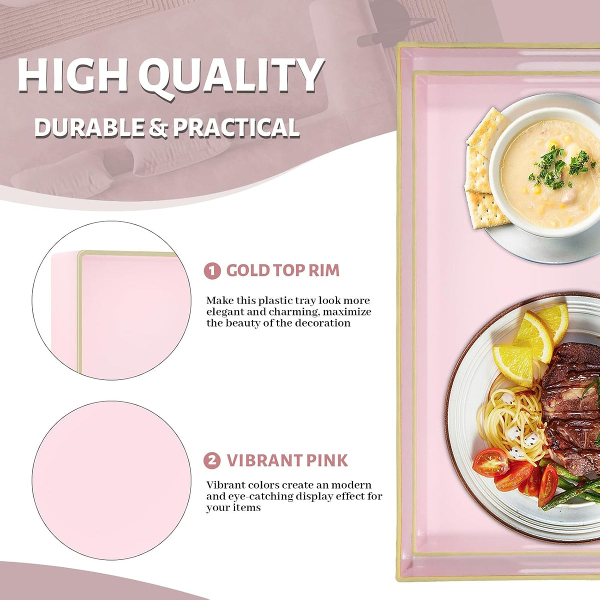 MAONAME Pink Serving Tray with Handles, Plastic Decorative Tray Set of 2 | Pink Decorative Tray for Coffee Table, Modern Ottoman Tray, Rectangle Melamine Tray for Living Room, 15.8"L x 10.2"W x 1.4"H