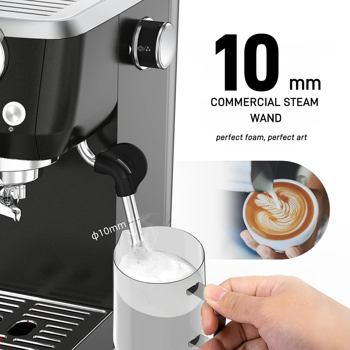 MAttinata 1663L Espresso Machine 20 Bar, 10mm Steam Wand for Milk Frother | Pressure Gauge, Italian Pump Coffee Maker, PID Smart Control, Compact Cappuccino Machine, Latte Art, Stainless Steel, Black