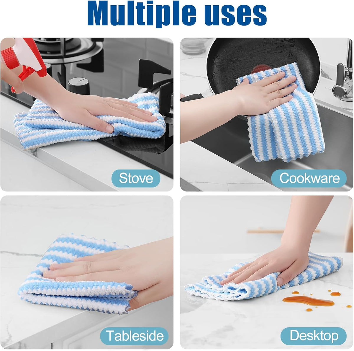 Homaxy Kitchen Towels(12 Pack, 10 x 20 inches), Ultra Soft and Absorbent Dish Towels, Reusable Fast Drying Microfiber Cleaning Cloth, Coral Velvet Wave Design No-lint, Blue