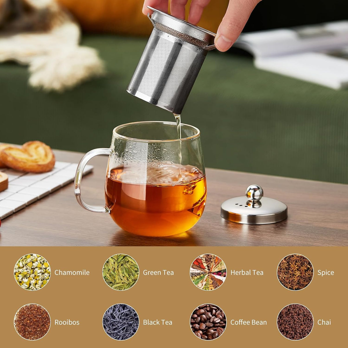 DOPUDO Glass Tea Cup with Infuser and Lid, 17.6oz/520ml Large Borosilicate Glass Teacup with Stailess Steel Filter, Clear Mug for Loose Leaf Blooming Tea, Dishwasher Safe - Tea Maker Gift.