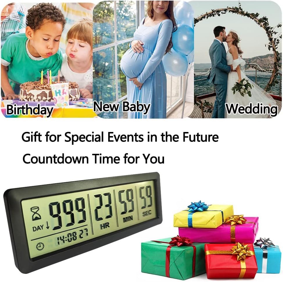 Digital Countdown Days Timer, Black | Upgraded Big 999 Days Count Down Clock with Stand Strong Magnetic Back, Ideal for Vacation Retirement Wedding Holiday
