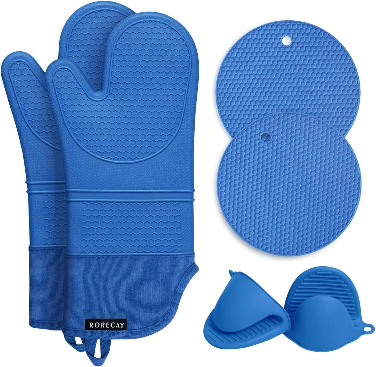 RORECAY Silicone Oven Mitts and Pot Holders Sets, Gloves for Kitchen, Blue | Set of 6 Kitchen Mitts for Baking &amp; Cooking, Heat Resistant 500 ℉, 15" Extra Long, Non-Slip &amp; Waterproof, Quilted Cotton
