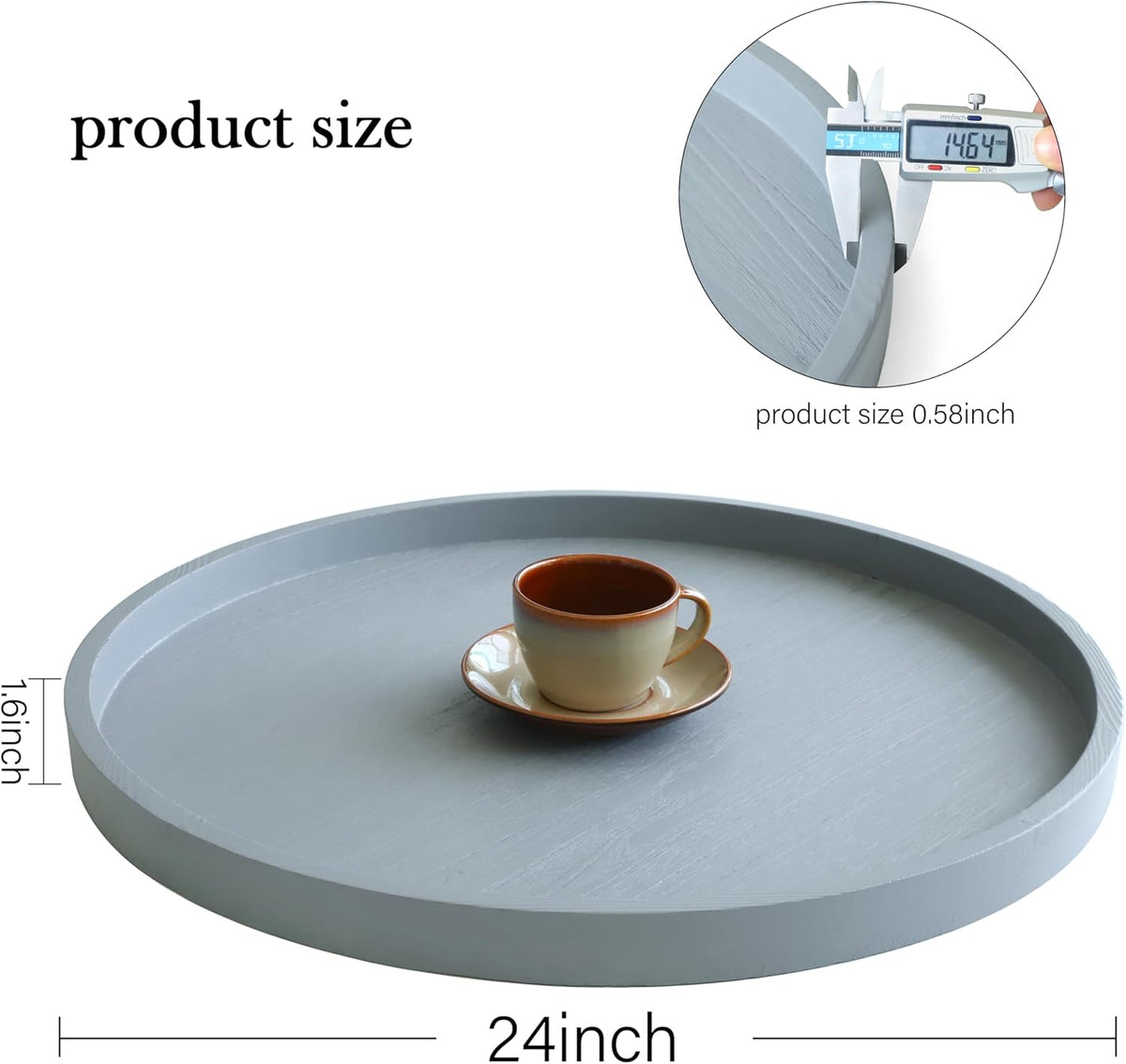 Round Ottoman Table Tray Round-24 - Rustic Wooden Serving Tray for Farmhouse Decorative Oversized Coffee Table Trays Living Room Kitchen Counter Breakfast Grey