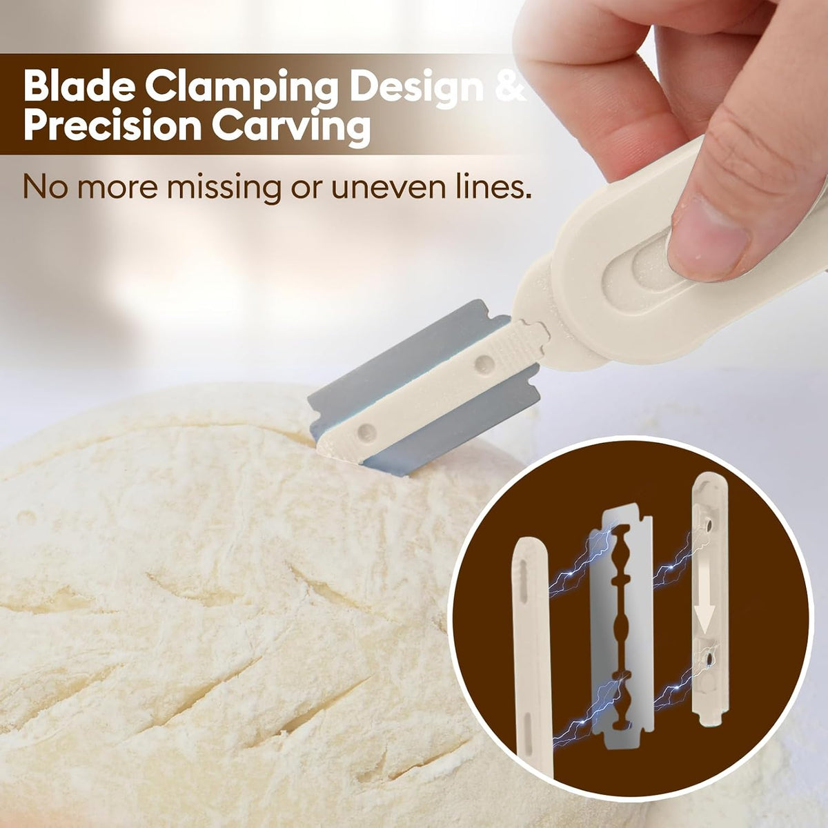 MOJOHAND Bread Lame Dough Scoring Tool, Retractable Blade, Off-White | Anti-slip grip for precise dough scoring, long blade retracts safely, reusable, for artisan bread, easy swap