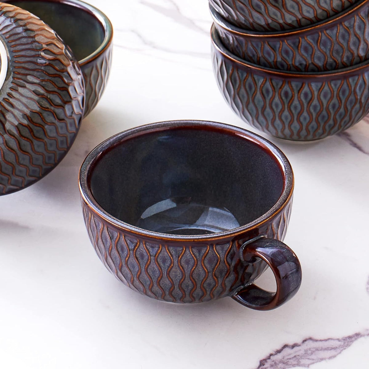 Set of 6 Cups Vintage Design 12 oz Professional Barista Ceramic Latte Art Cappuccino Cups Set (Embossed Grey * 6)