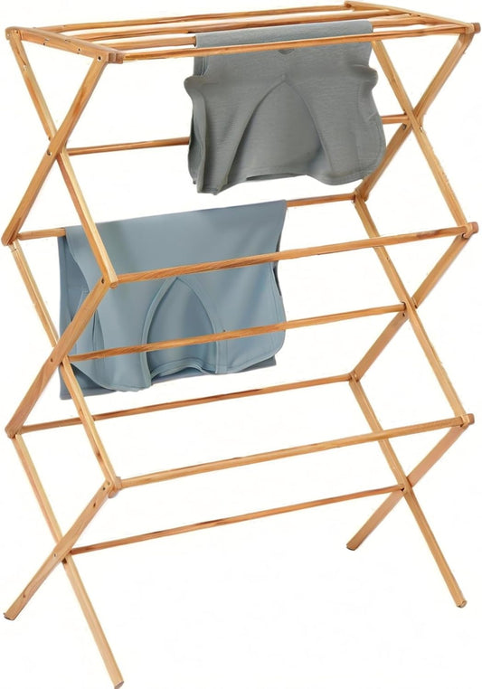 Collapsible Bamboo Drying Rack – Foldable Laundry Drying Stand for Indoor/Outdoor Use – Space-Saving Clothes Rack for