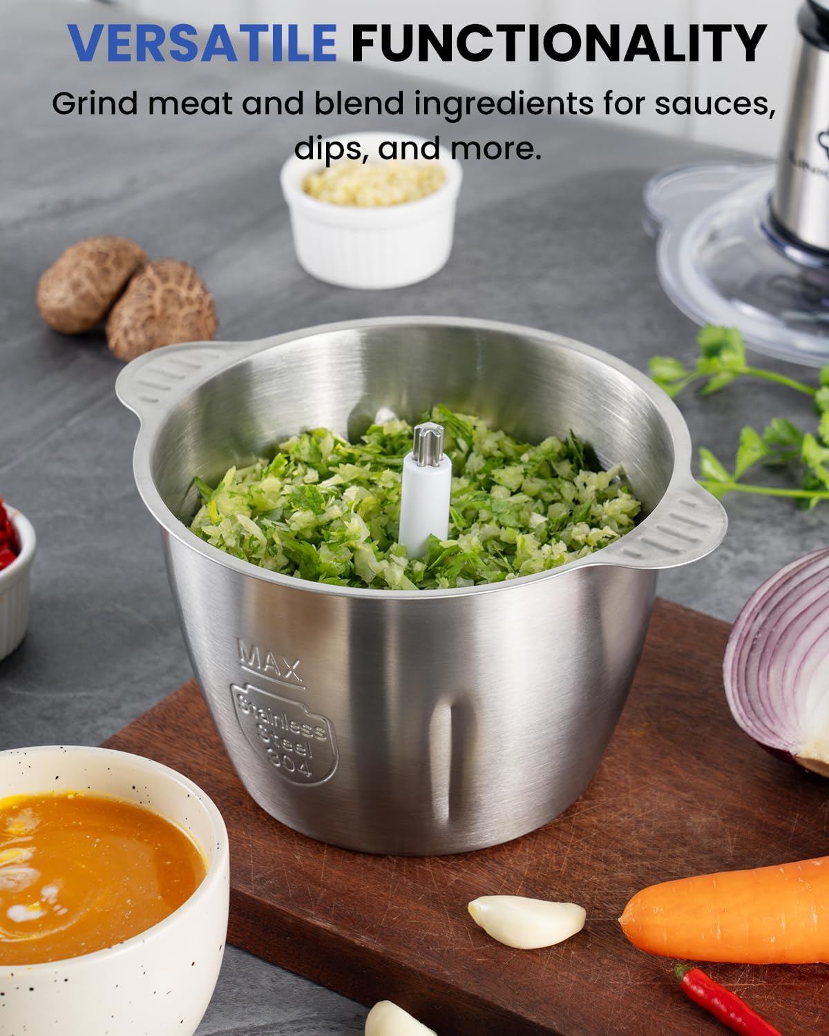 LINKChef Food Chopper, 8 Cup Food Processor Mini Electric, 2L 600W Meat Grinder with 4 Bi-Level Blades, Stainless Steel Mincer for Kitchen, Vegetable, Onion, Garlic, Salad, Baby Food, Fruit, Nuts