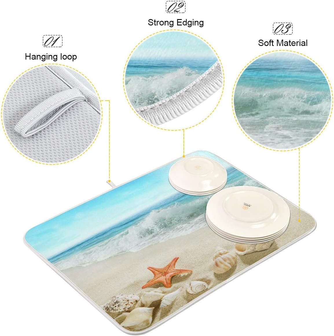 Summer Beach Dish Drying Mat 18 x 24 Inch Sea Wave Shells Starfish Drying Mat with High Absorbent Reversible Microfiber Kitchen Mat Dish Rack Pad Dish Drainer Mat for Kitchen Counter Coffee Bar