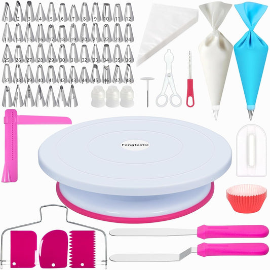 200PCs Cake Decorating Supplies Kit for Beginners - Cake Turntable, 55 Icing Piping Tips, Straight & Offset Spatula, 110+1