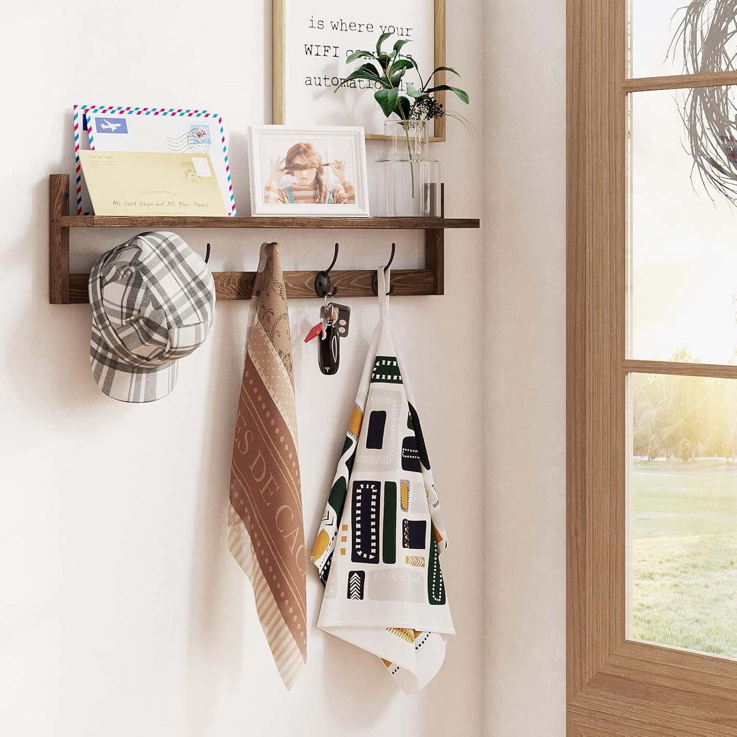 BAMEOS Wall Mounted Coat Rack with Adjustable Easy Install, Rust Proof, Brown Wooden Material, 28.9 Inch Length