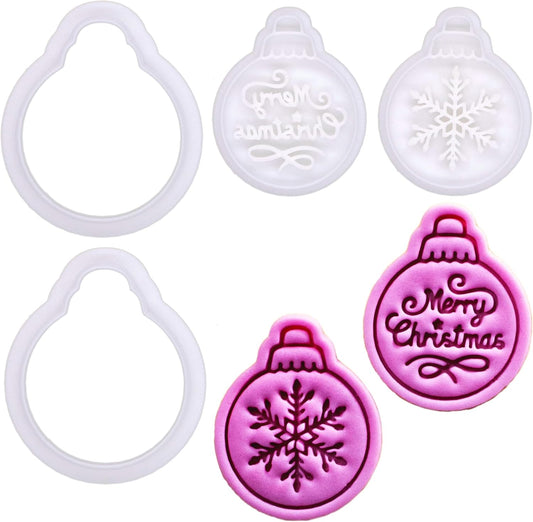 BAKERLOGY Winter Wishes – Mini Christmas Bauble Cookie Cutter and Stamp Set (2") – Set of 2 with Snowflake & Merry Christmas