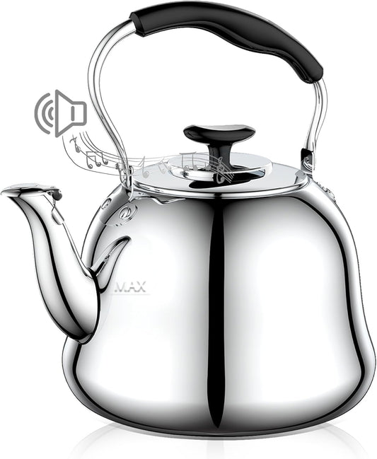 2L Whistling Stovetop Tea Kettle, 304 Food Grade Stainless Steel - Boil Alert Whistle (Not Auto Shutoff), Folding Cool-Touch Handle, Gas/Electric/Ceramic Compatible | Max Safe Fill: 1.6L (6 Cups)