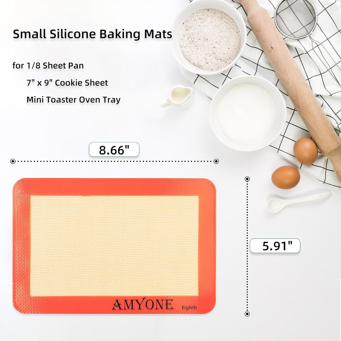 AMYONE 1/8 Sheet Silicone Baking Mats for 9x7" Toaster Oven, Platinum, 2PCS | For Eighth Sheet Pan for Cookie/Macaron/Bread/Pastry; Fits Small Toaster Oven Trays; Nonstick Reusable Food Grade Silicone