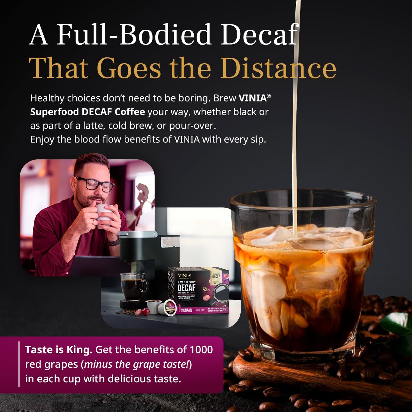 VINIA Blood Flow | Decaf Medium Dark Roast Coffee Pods | K-Cup Pods, 30 Ct | Functional Coffee | 100% Arabica | Red Grape Piceid Resveratrol | Heart Health, Physical Energy, Alertness, Circulation