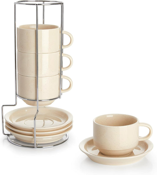 Sweese 8oz Porcelain Cappuccino Cups Set with Saucers, Metal Stand - Stackable, Durable for Coffee, Latte, Tea - Beige, 4