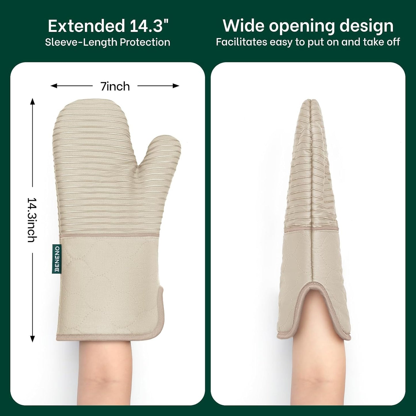 Beneno Heat Resistant 500°F Kitchen Oven Mitts 2-Pack, 7.5"x14.3", Beige | Textured Non-Slip Silicone Grip, Extra Long Forearm Protection, Soft Quilted Cotton Terry Lining, Ideal for Baking &amp; Grilling