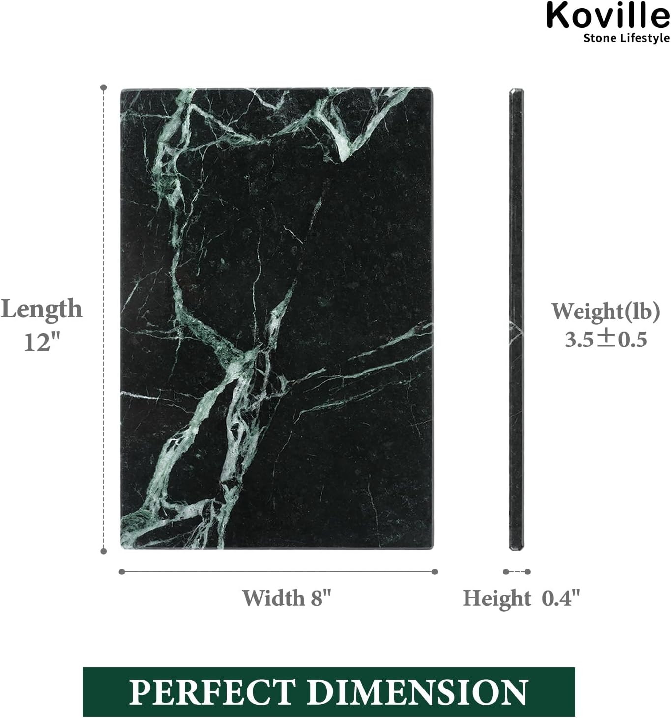 Koville Natural Green Marble Cutting Board for Kitchen Pastry Bread Macaron Display, 12" x 8" Real Stone Slab Marble Cheese Board for Home Countertop, Bathroom Perfume Tray Candle Plate