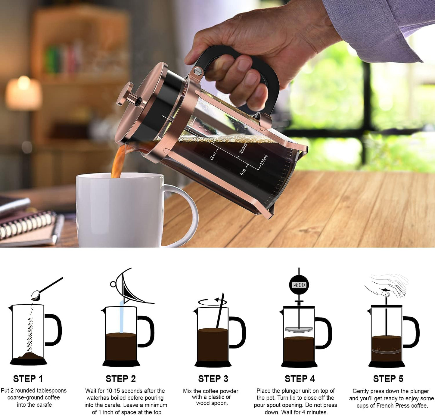 QUQIYSO French Press Coffee Maker, Borosilicate Glass Coffee Press | Thickened Glass Stainless Steel Coffee French Press,Easy to Clean,4 Filter Suitable for Kitche Camping Gifts (21oz, Copper)