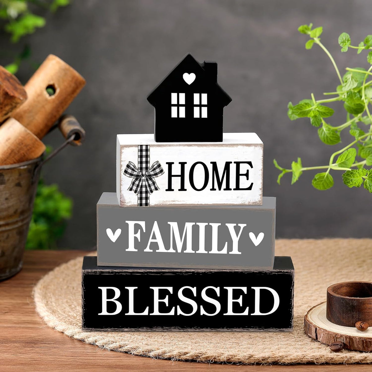 Cinnvoice 4 Pcs Farmhouse Table Decoration Rustic Sign Block,Blessed