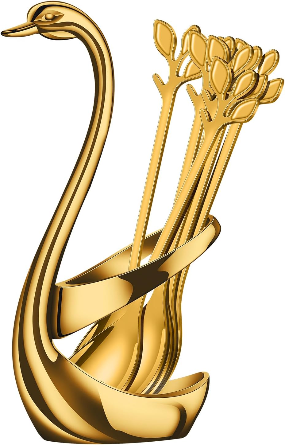 AnSaw Gold Swan Base With 10-Pcs Mini Leaf Coffee Spoon Holder Set - 4.7" | Stainless Steel Leaf Handle Spoons,Small Spoons,Espresso Spoons,Tea Spoons,Dessert Spoons,Demitasse Spoons