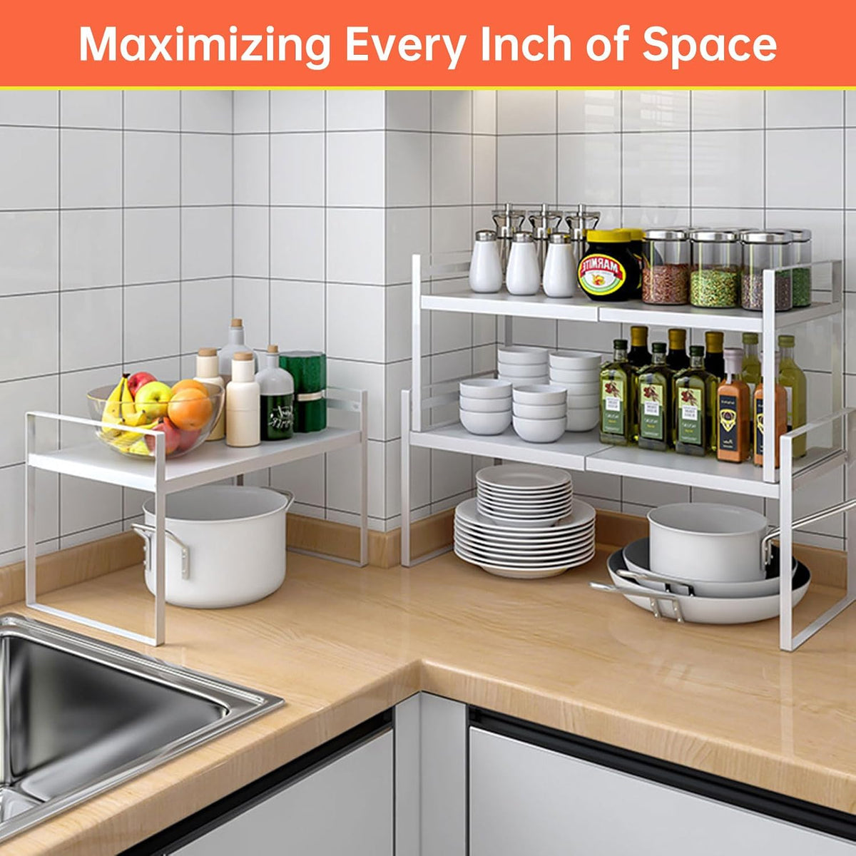 Expandable Cabinet Shelf Organizer, 14"-25" Adjustable Rack