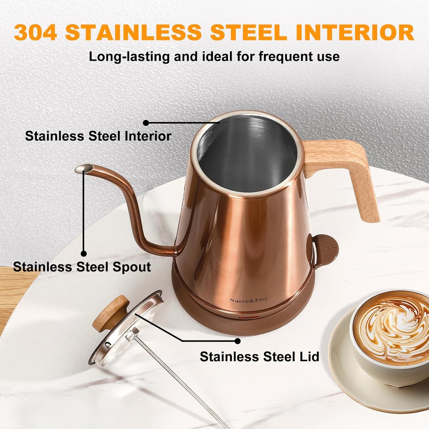 Nueve&amp;Five Electric Gooseneck Kettle with Thermometer, 1.0L Pour Over Hot Water Kettle for Coffee and Tea, 1000W, Auto Shutoff, Boil-Dry Protection,Copper