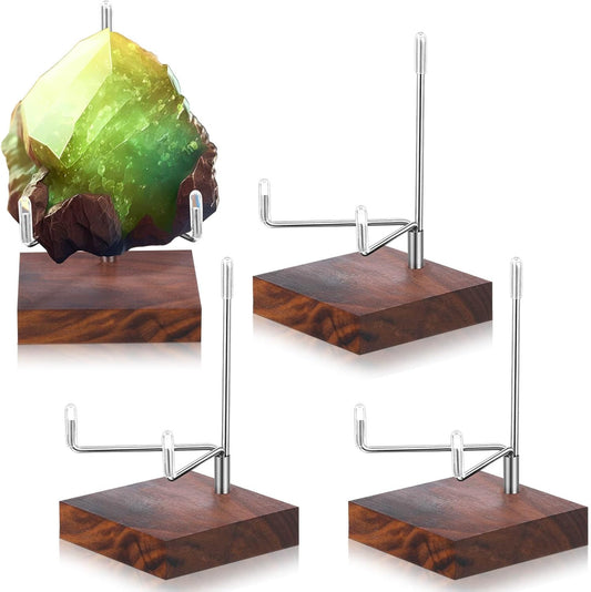 Wenqik 4 Pcs Crystal Display Stand Adjustable Metal Arms Small Rock Display Stand with Wooden Base Geodes Rock Agate Mineral
