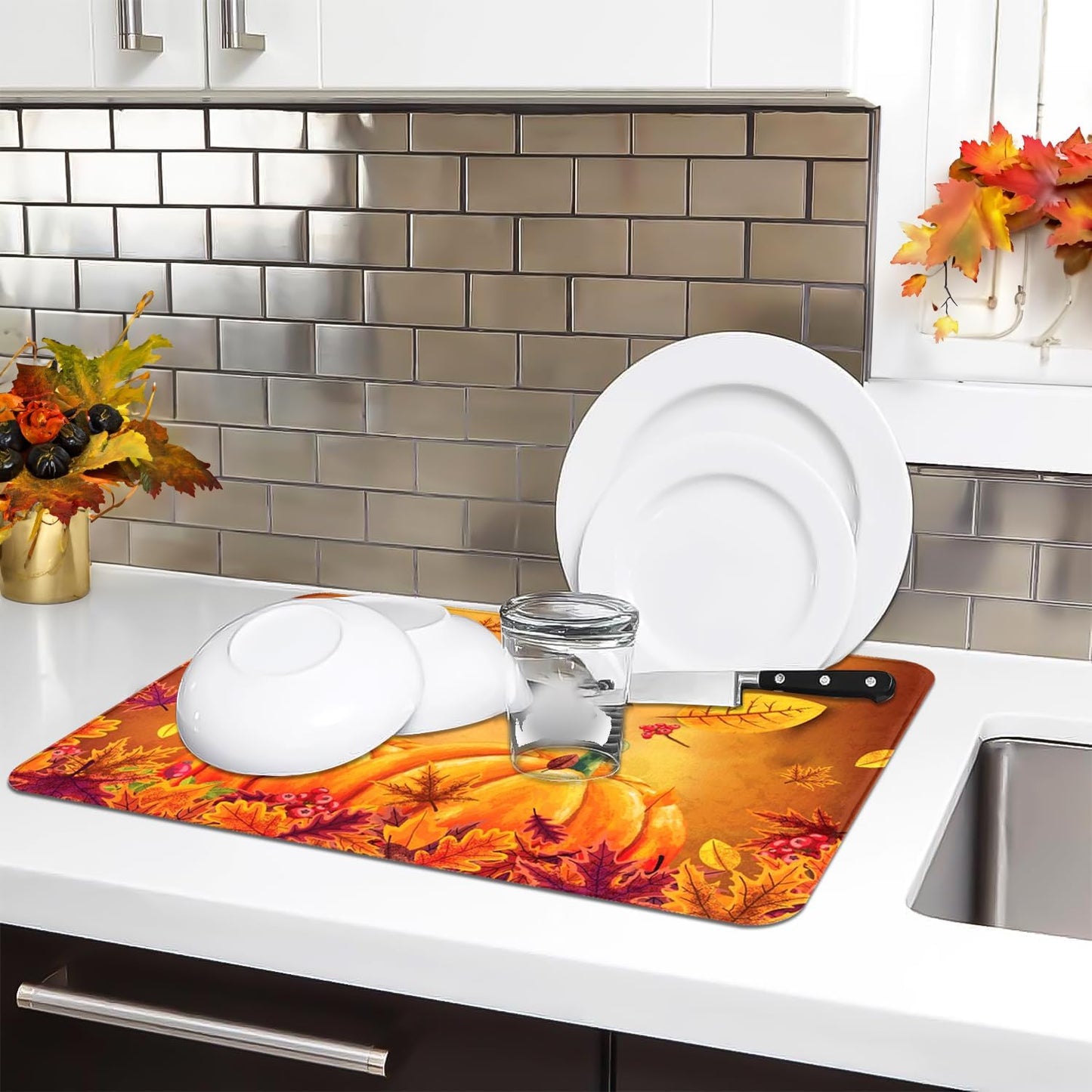 Harvest Pumpkin Maple Leaf Dish Drying Mat for Kitchen Counter, Absorbent Drying Mat with Autumn Fall Leaves, Kitchen Countertop Protector, Farmhouse Coffee Bar Decor, 18 x 24 Inch