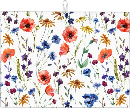 Spring Wildflowers Dish Drying Mats for Kitchen Counter, Watercolor Poppy Cornflower Drying Rack Pad Ultra Absorbent