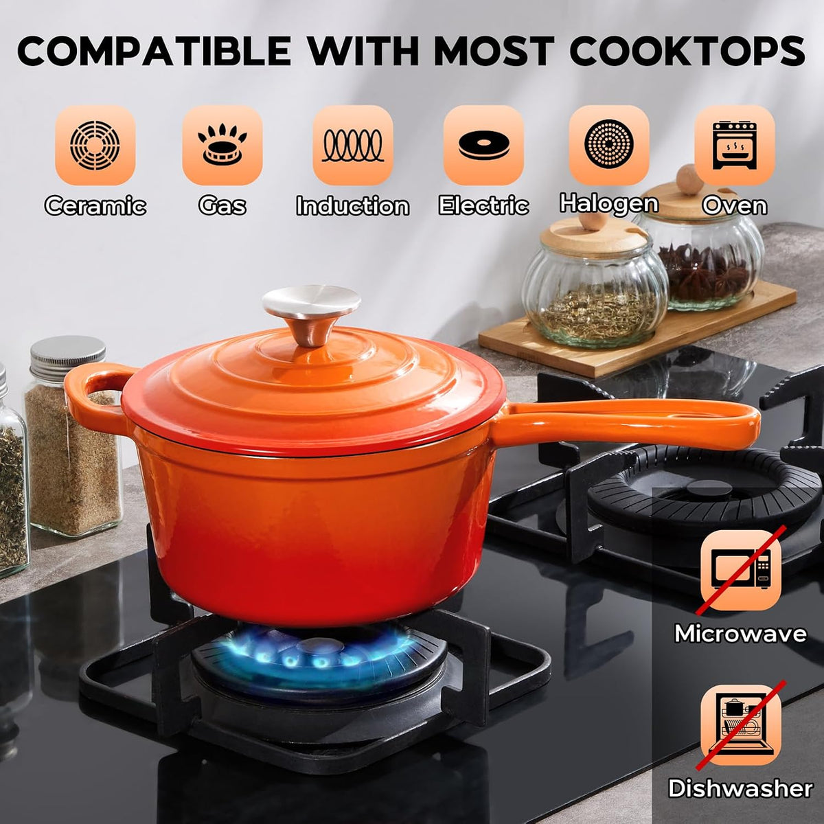 2 Quart Saucepan with Lid, Onader Enameled Cast Iron Sauce Pan, Small Cooking Sauce Pot, Enamel Dutch Oven Pot Nonstick – Sunset Orange