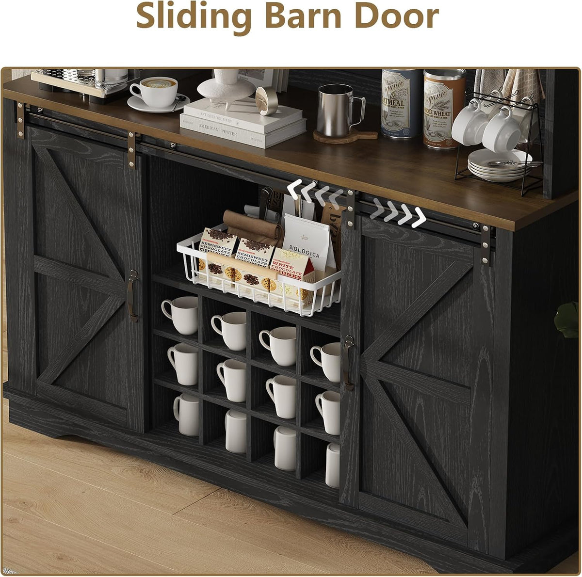 REVOMINCA 55" Farmhouse Coffee Bar Cabinet with 3 Tier Storage Hutch, Black