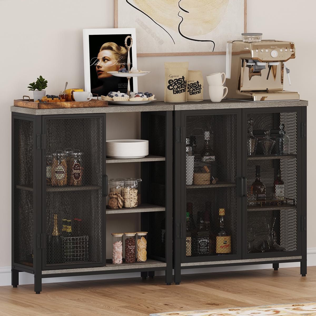 BON AUGURE Liquor Cabinet Bar for Home, Coffee Storage Cabinet | Adjustable Shelves, Small Wood Sideboard Buffet Station Cabinets with Door, for Kitchen/ Dining/ Entryway, Dark Grey Oak, 36"